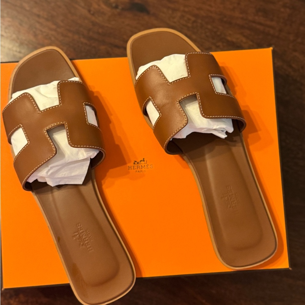 Hermes Oran Tan Leather Women's Sandals